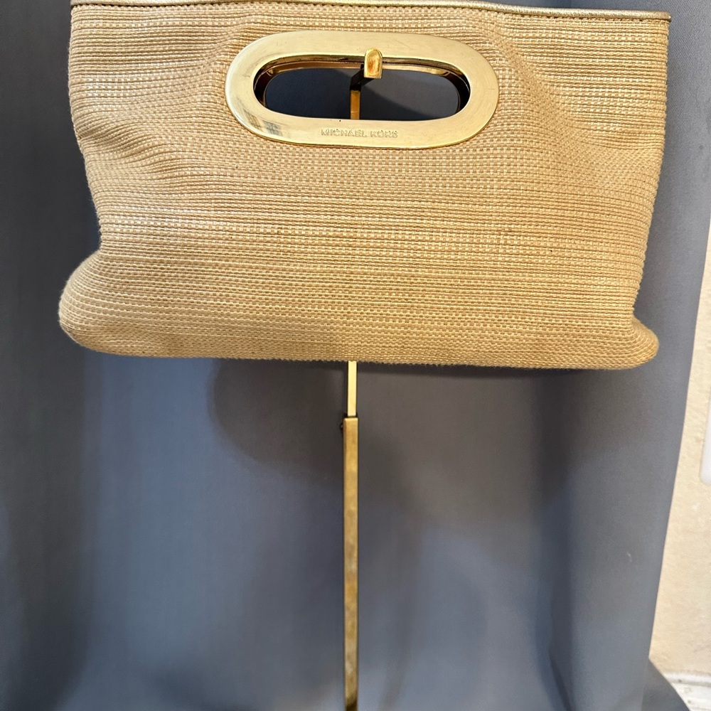 Michael Kors Tan Clutch with Woven Texture and Oval Handle